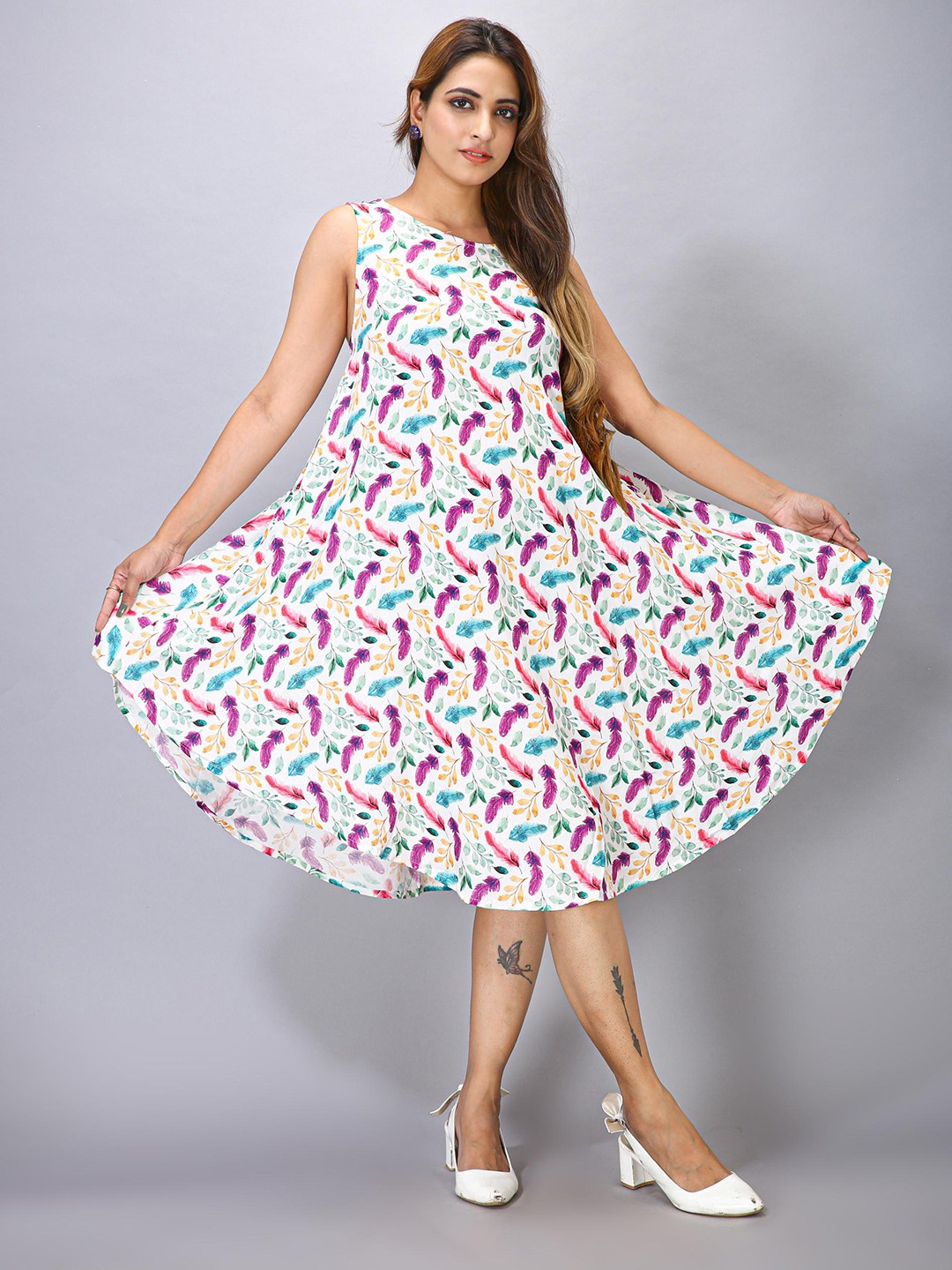 

MAIYEE Floral Printed A-Line Midi Dress, White