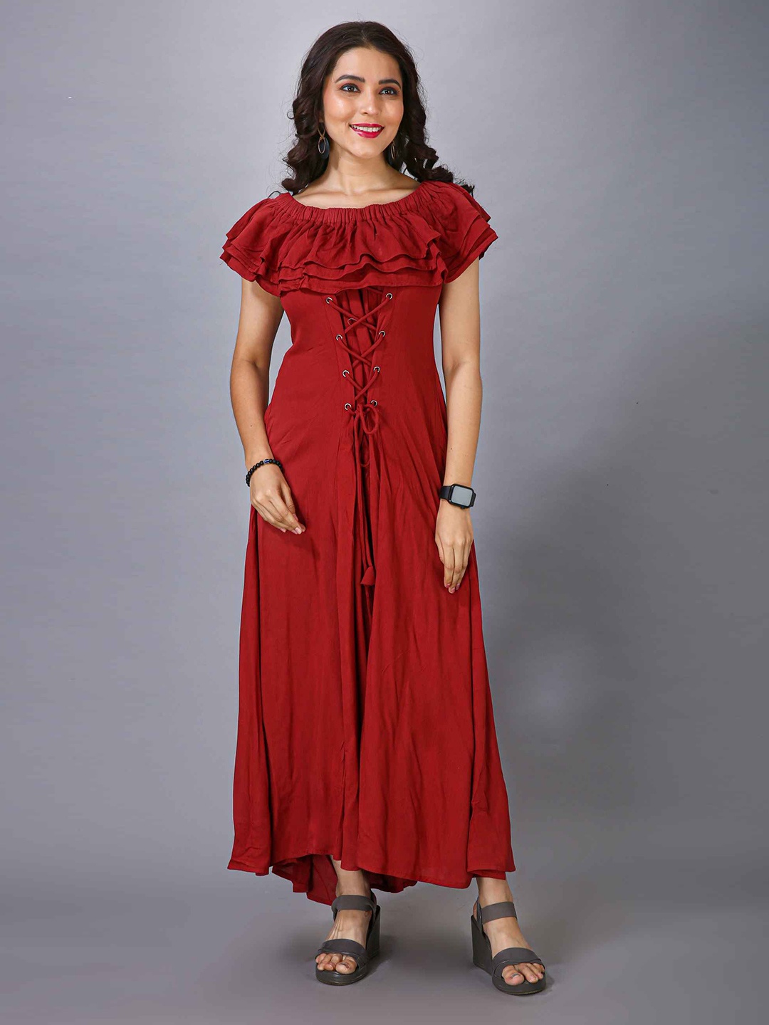 

MAIYEE Off-Shoulder Flutter Sleeves Gathered Detailed Maxi Dress, Maroon