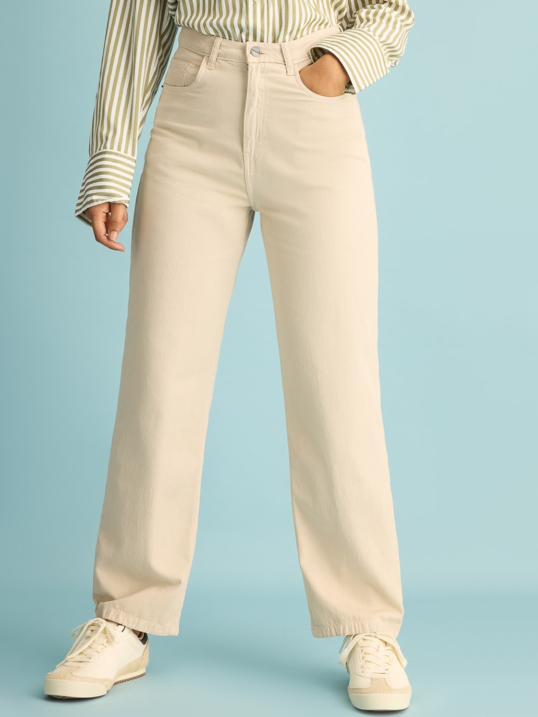 

FREAKINS Women Straight Fit High-Rise Pure Cotton Jeans, Beige