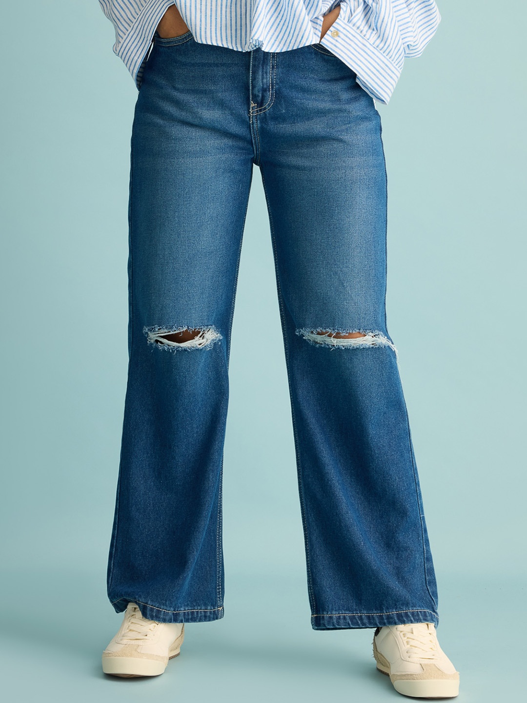 

FREAKINS Women Wide Leg High-Rise Slash Knee Light Fade Pure Cotton Jeans, Blue