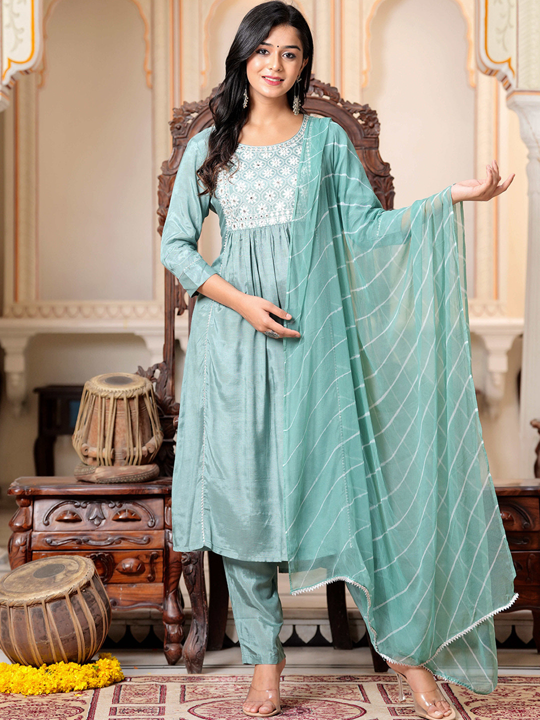 

BAESD Ethnic Motifs Embroidered Thread Work Flared A-Line Kurta & Trousers & Dupatta, Green