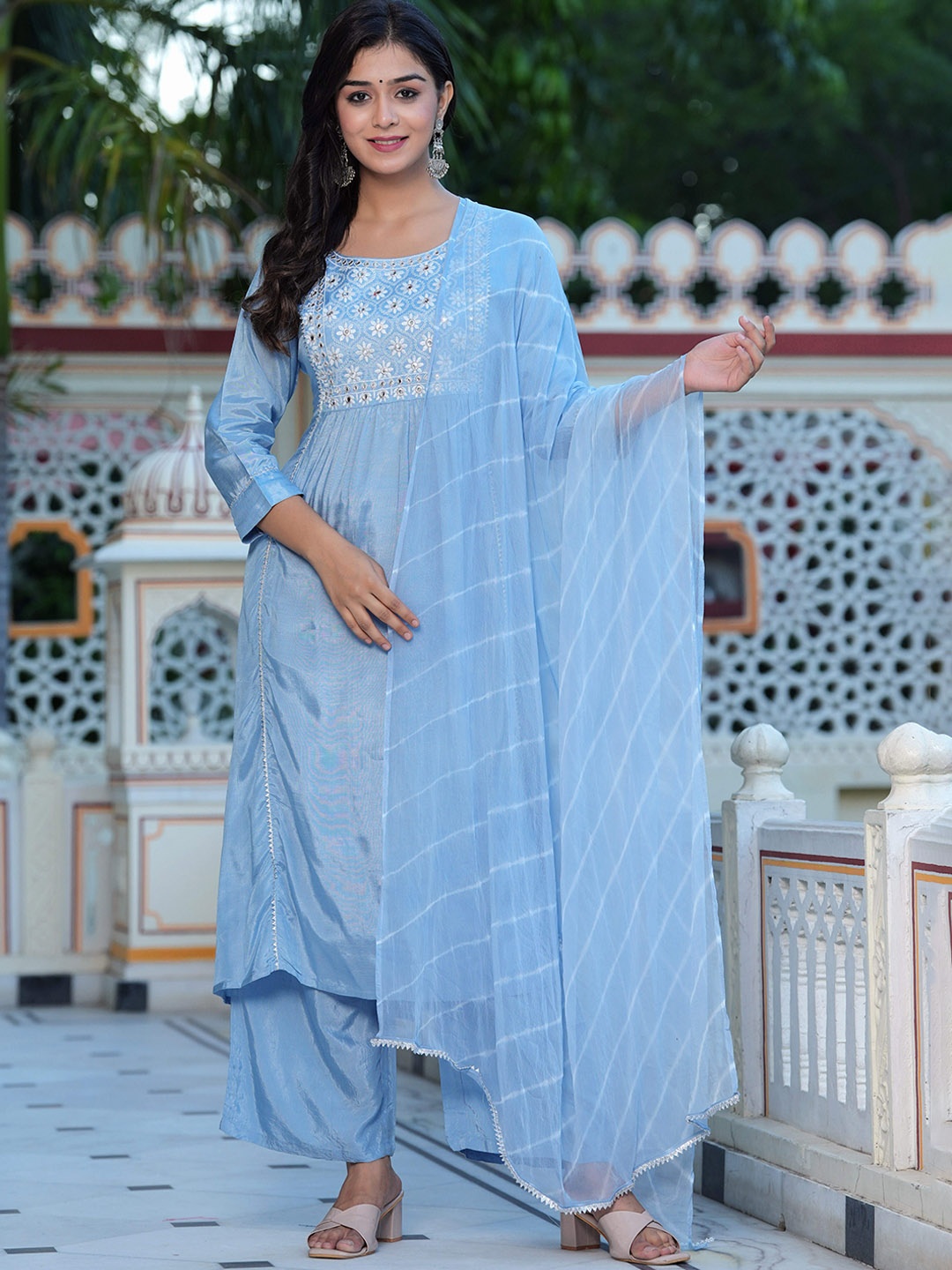 

BAESD Floral Yoke Design Regular Kurta with Trousers & Dupatta, Turquoise blue