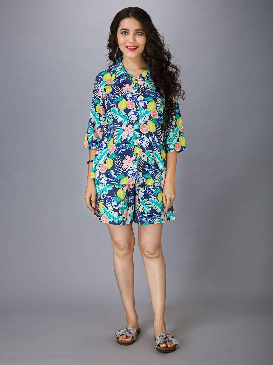 

MAIYEE Printed Shirt & Shorts Co Ord Set, Blue
