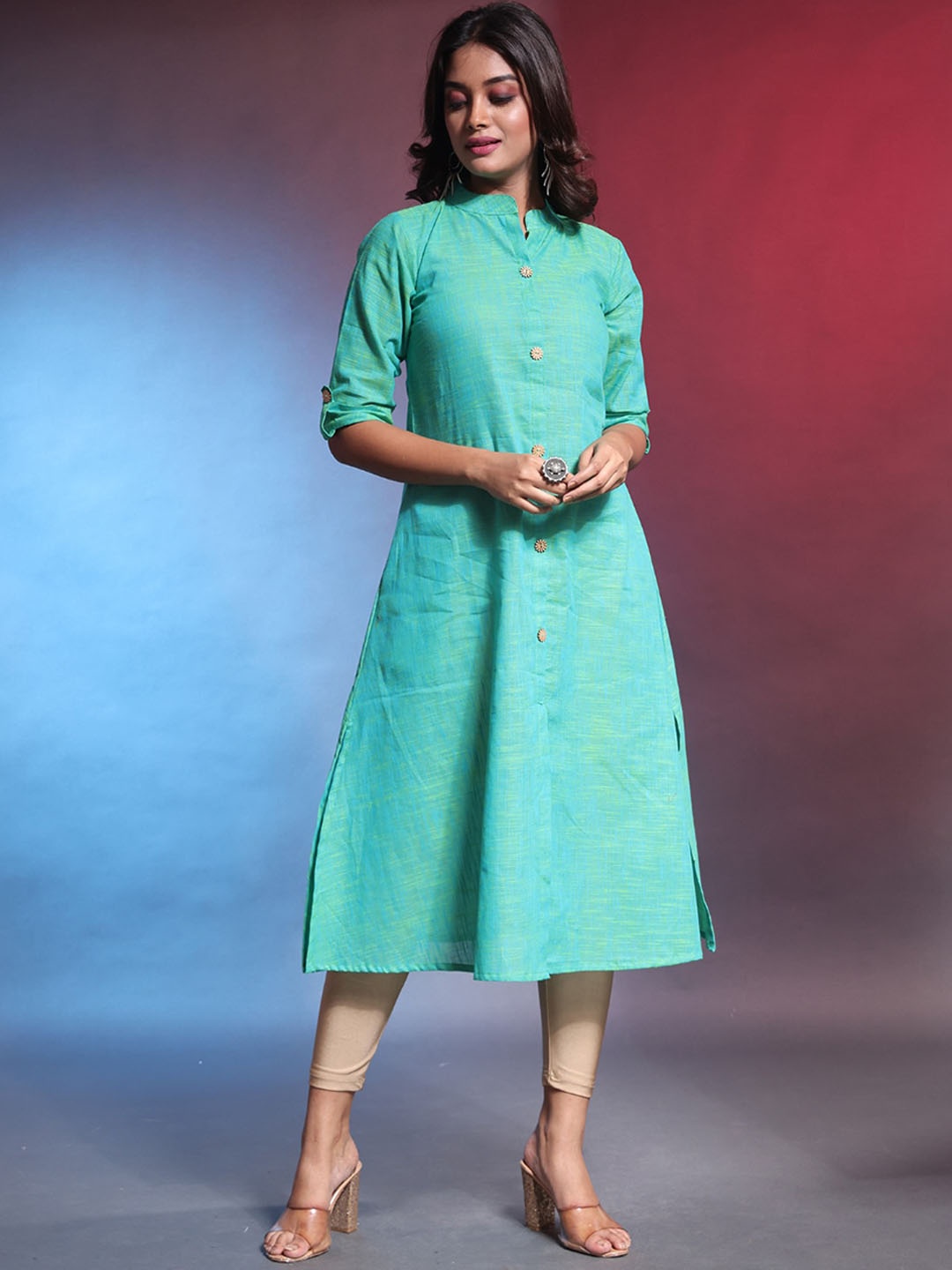 

Charukriti Woven Design Mandarin Collar Cotton A-Line Kurta, Sea green