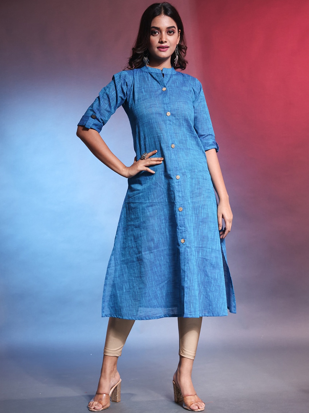 

Charukriti Woven Design Mandarin Collar Cotton A-Line Kurta, Blue