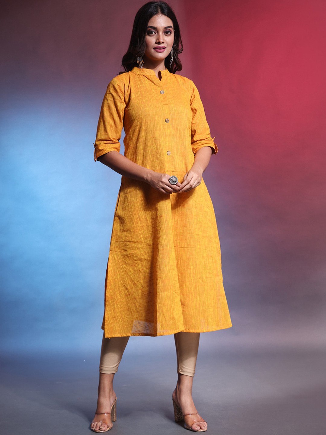 

Charukriti Woven Design Mandarin Collar Cotton A-Line Kurta, Yellow