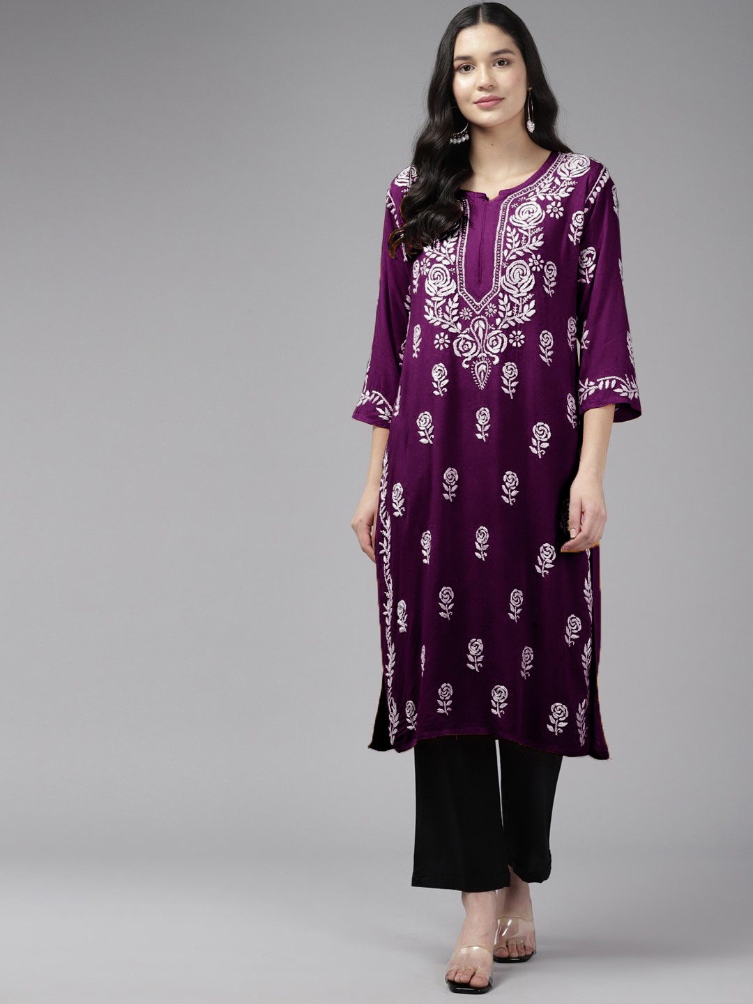 

ADA Ethnic Motifs Embroidered Lucknowi Chikankari Straight Kurta, Purple