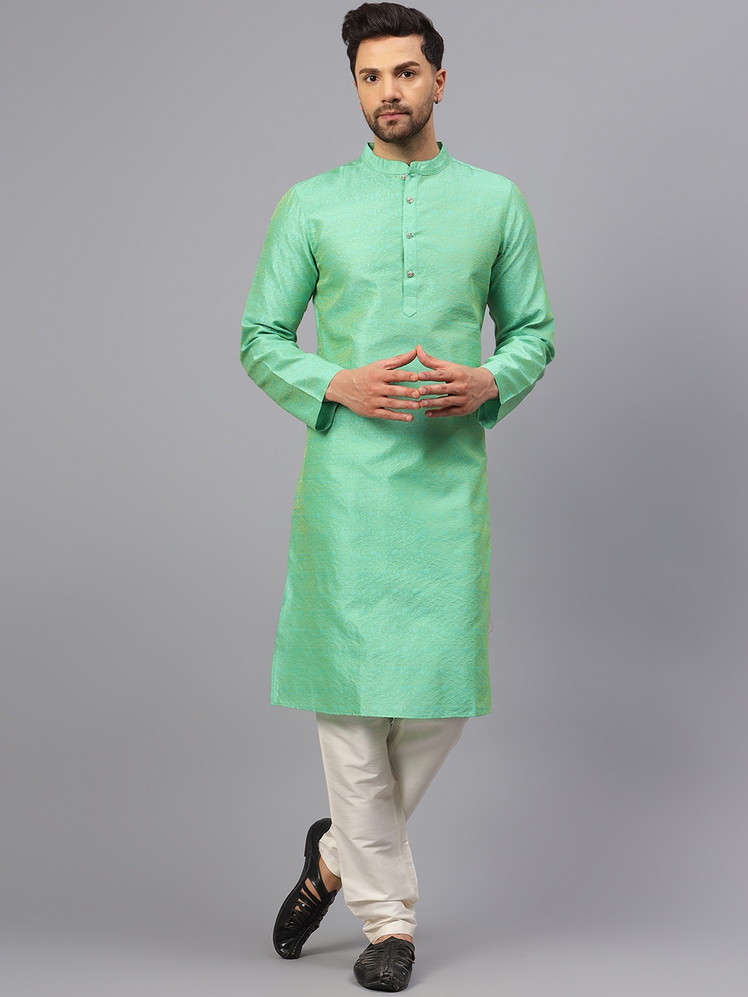 

Latest Chikan Garments Ethnic Motifs Woven Design Jacquard Chikankari Kurta With Churidar, Green