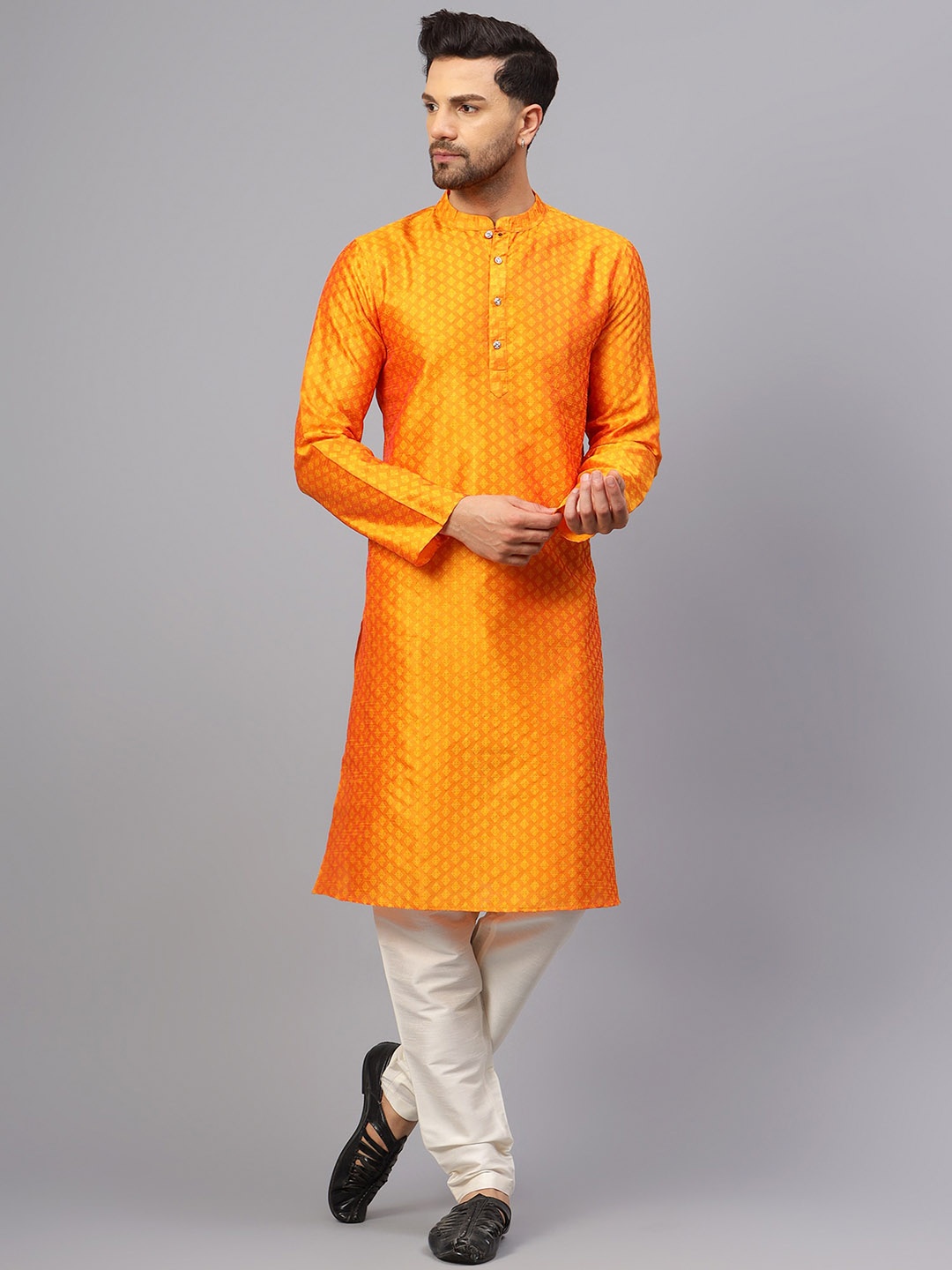 

Latest Chikan Garments Ethnic Motifs Woven Design Jacquard Chikankari Kurta With Churidar, Orange