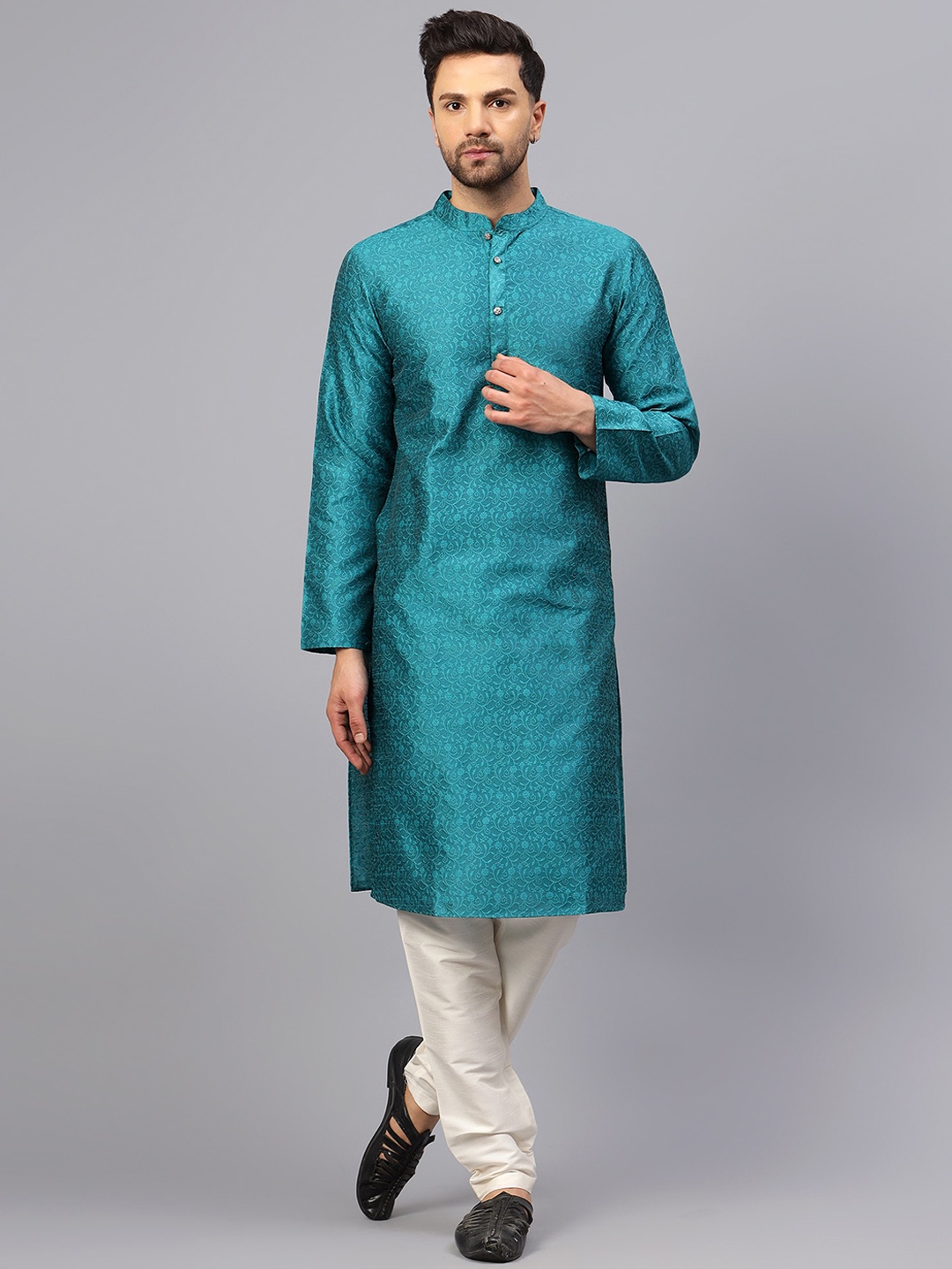 

Latest Chikan Garments Ethnic Motifs Woven Design Jacquard Chikankari Kurta With Churidar, Teal