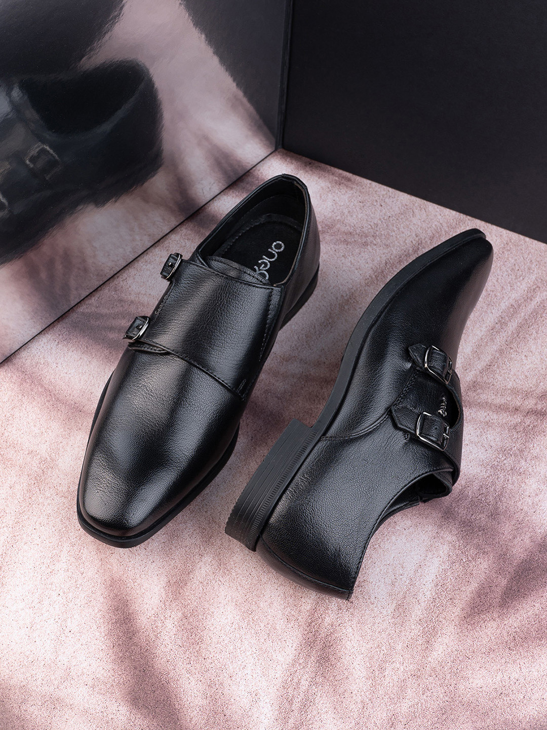 

One8 Men Leather Formal Monk Shoes, Black