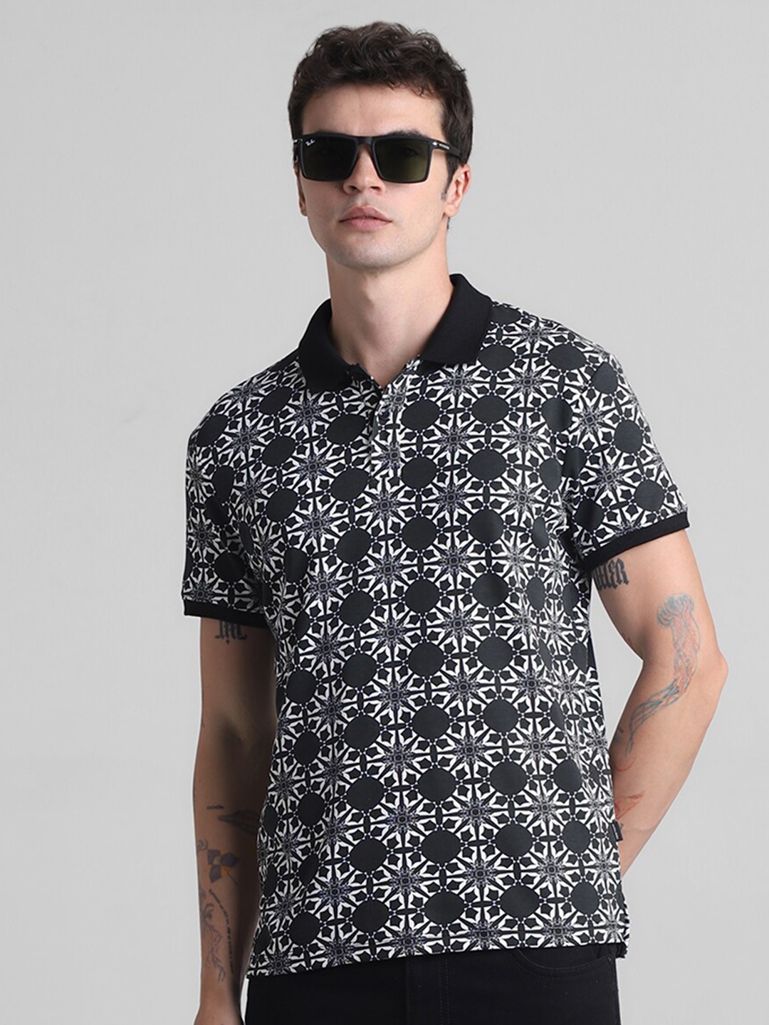 

Jack & Jones Geometric Printed Polo Collar Slim Fit Pure Cotton T-shirt, Black
