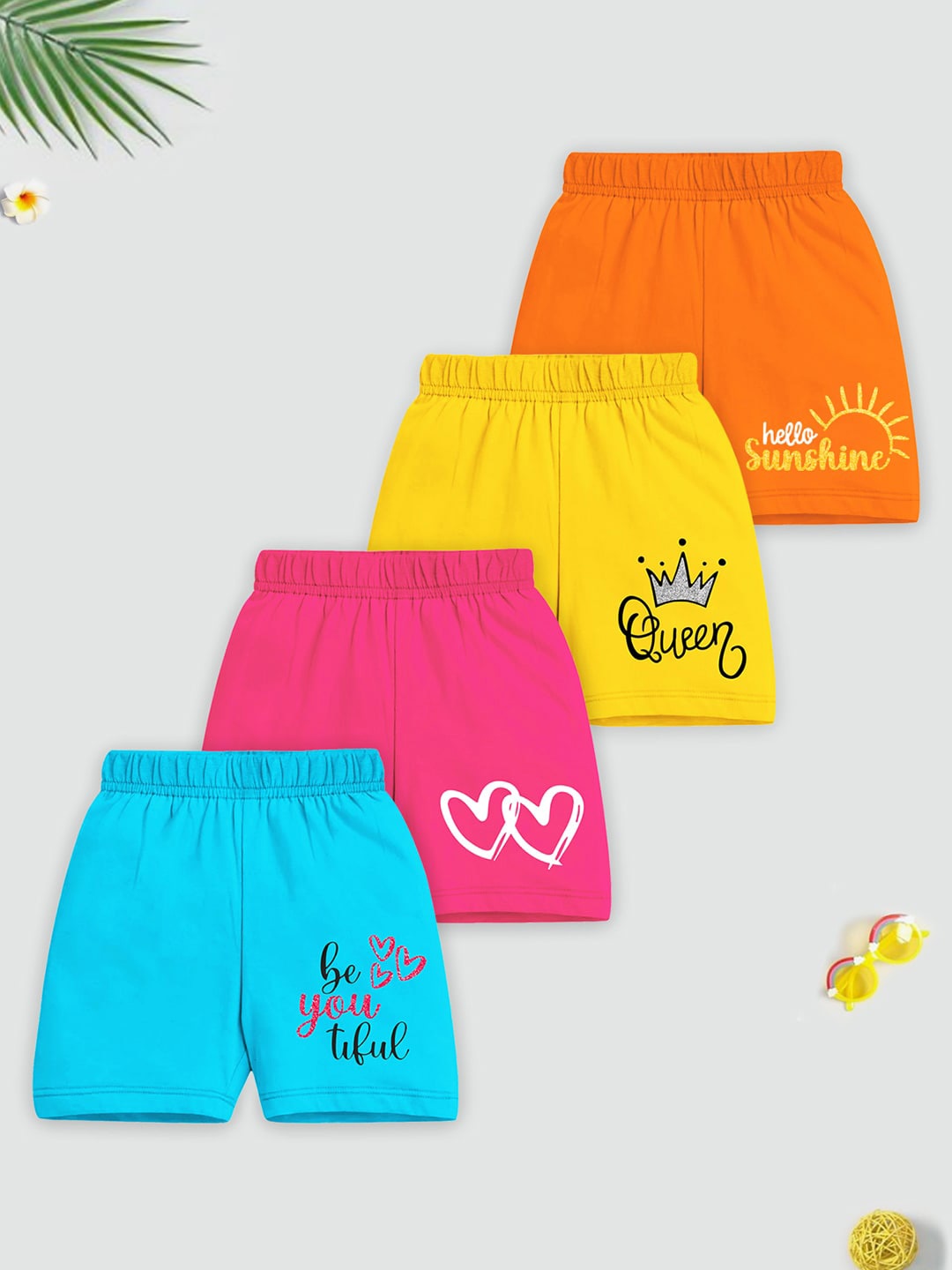 

HERE&NOW Girls Pack Of 4 Blue Mid-Rise Typography Printed Cotton Shorts