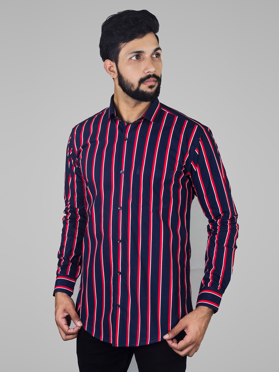 

INDIAN THREADS Comfort Vertical Striped Spread Collar Cotton Casual Shirt, Navy blue