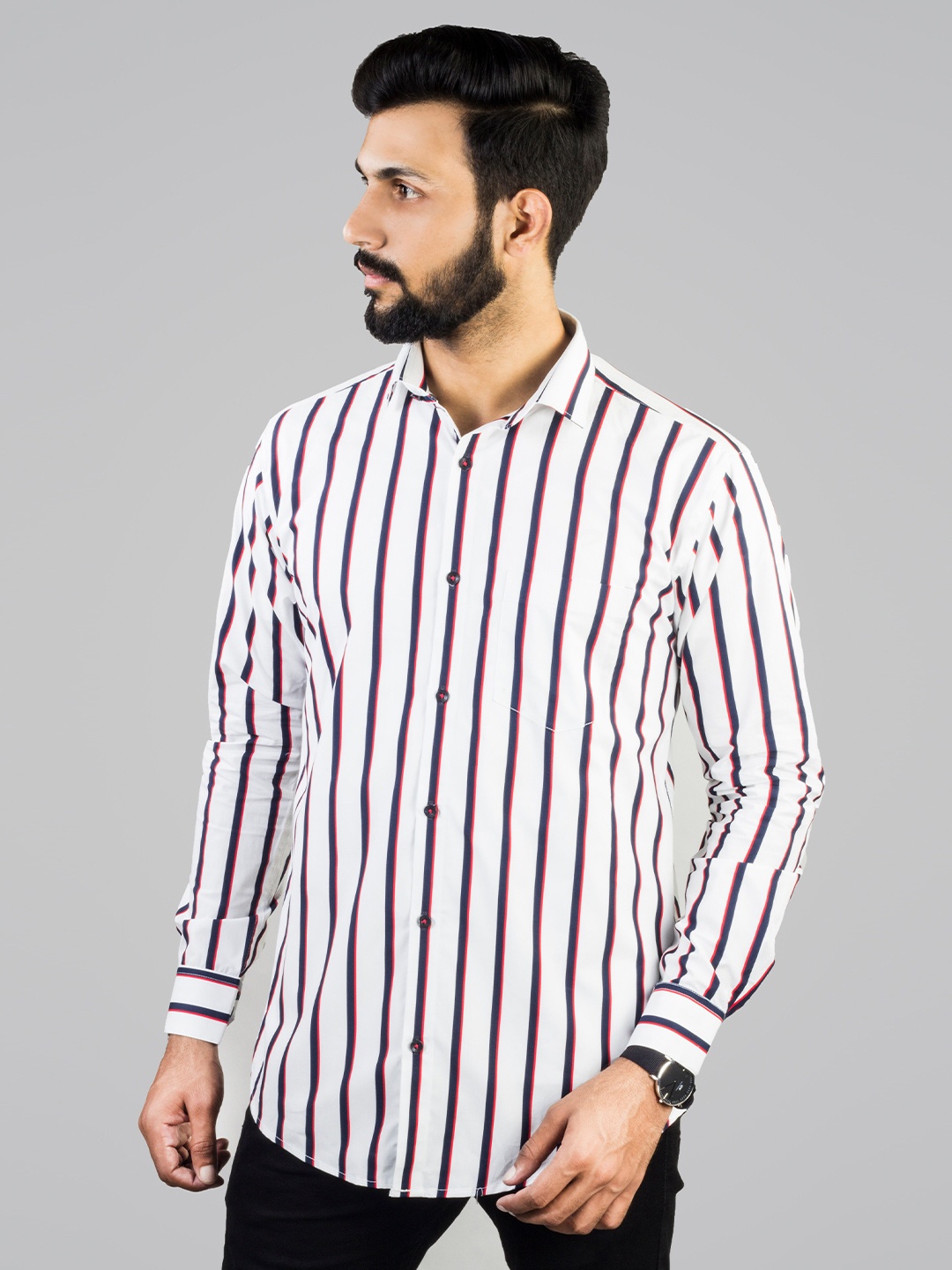 

INDIAN THREADS Comfort Vertical Striped Spread Collar Cotton Casual Shirt, White