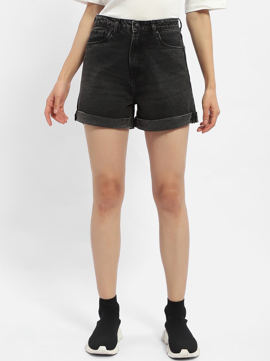 

Madame Women Pure Cotton Denim Shorts, Charcoal