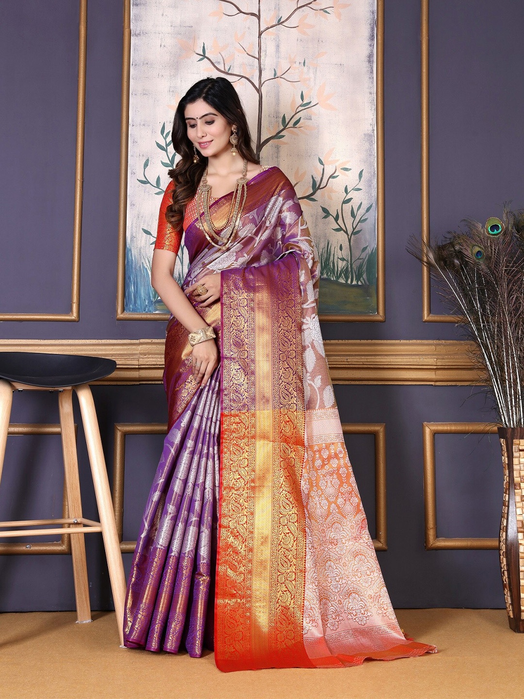 

AKSH FASHION Woven Design Zari Art Silk Kanjeevaram Saree, Purple