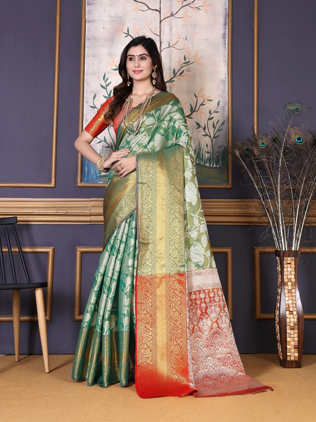 

AKSH FASHION Woven Design Zari Art Silk Kanjeevaram Saree, Sea green