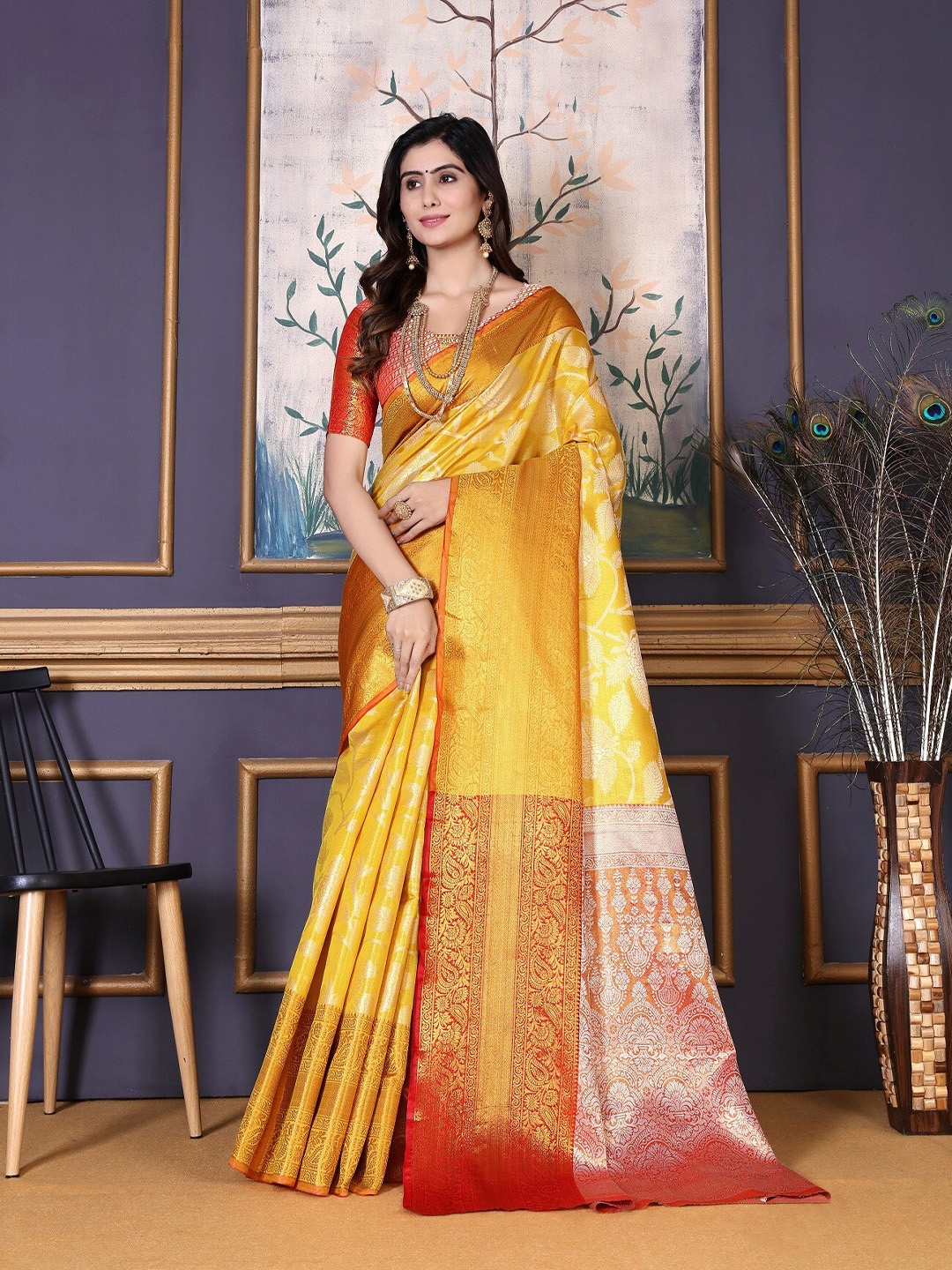 

AKSH FASHION Ethnic Motifs Woven Design Zari Art Silk Kanjeevaram Saree, Yellow