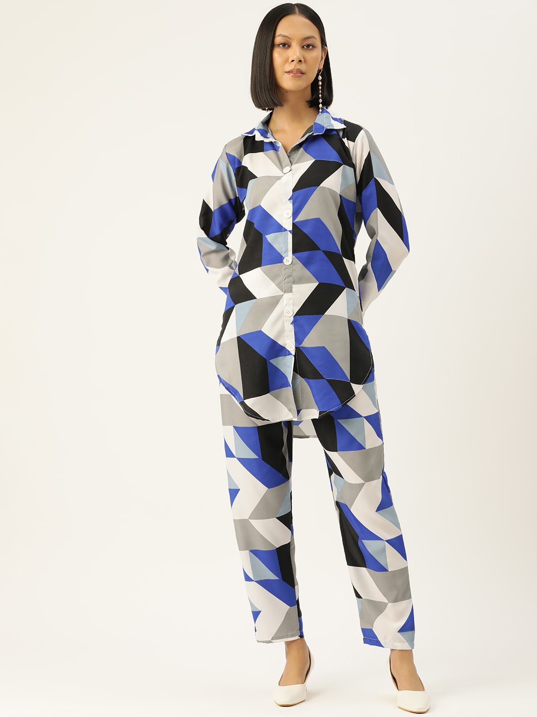 

Sleek Italia Geometric Printed Shirt Collar Tunic With Trouser, Blue