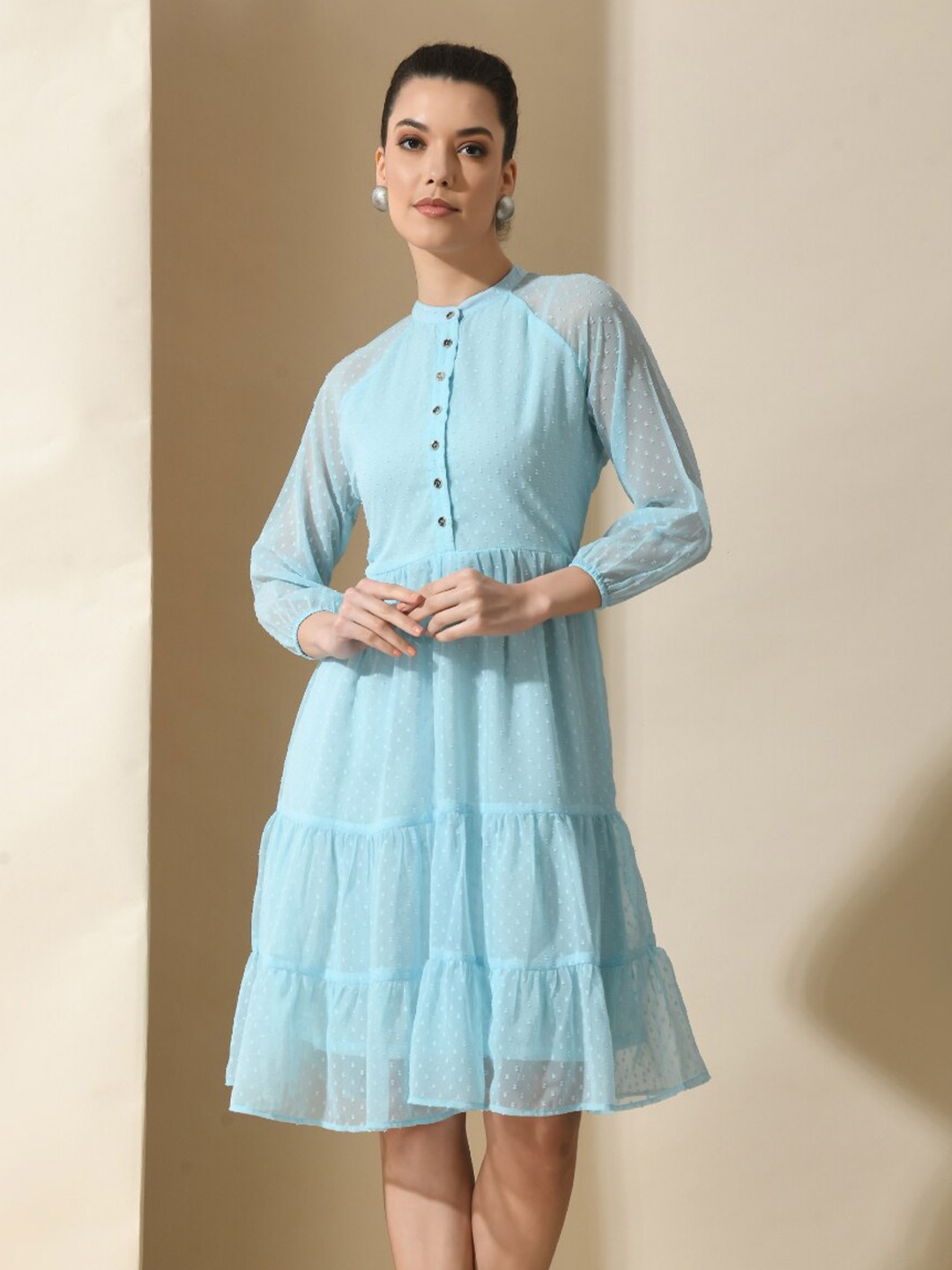 

Moshe Self Design Tiered Puff Sleeves Fit & Flare Dress, Blue