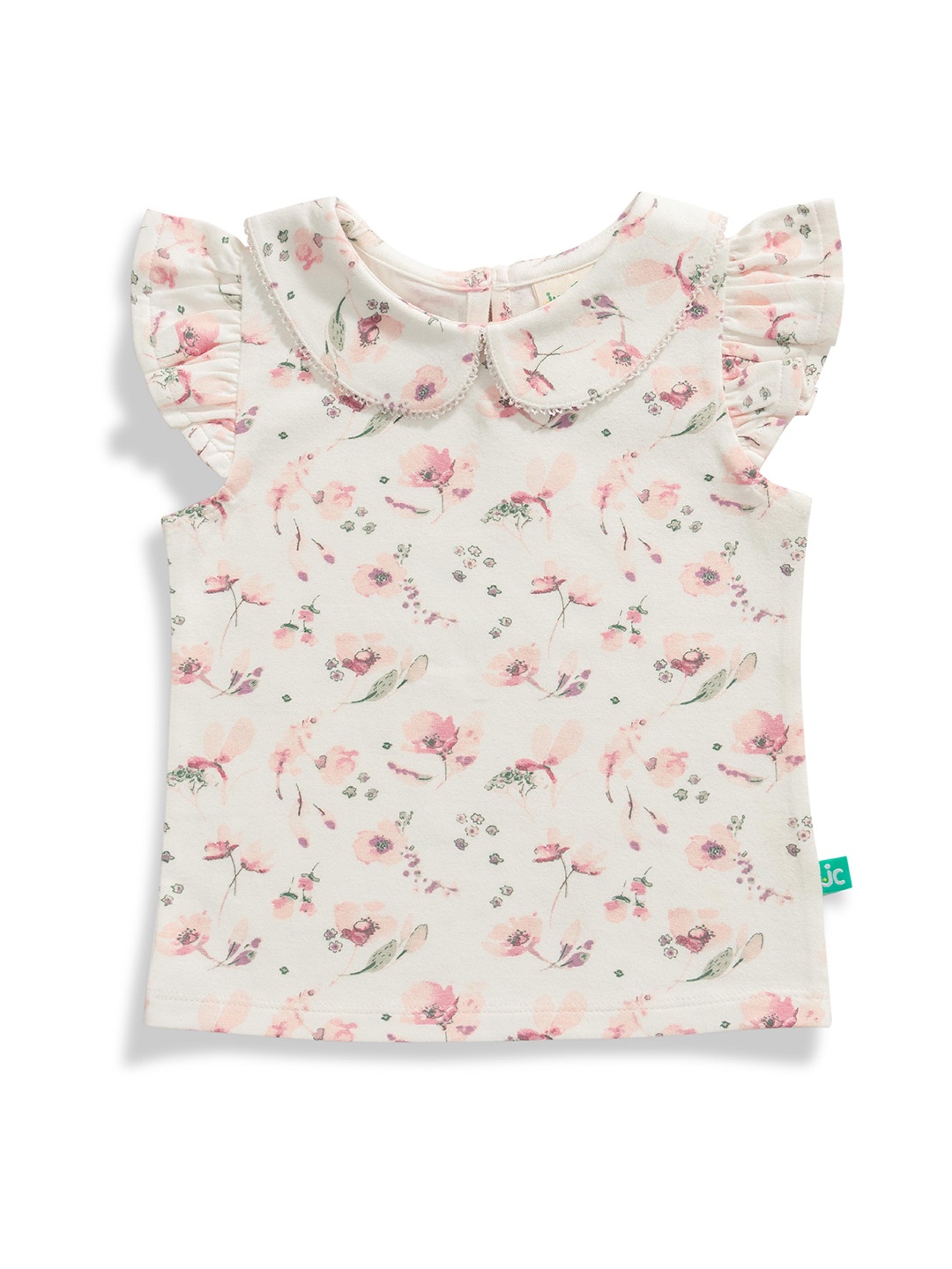 

JusCubs Girls Floral Printed Peter Pan Collar Flutter Sleeve Pure Cotton Top, Off white