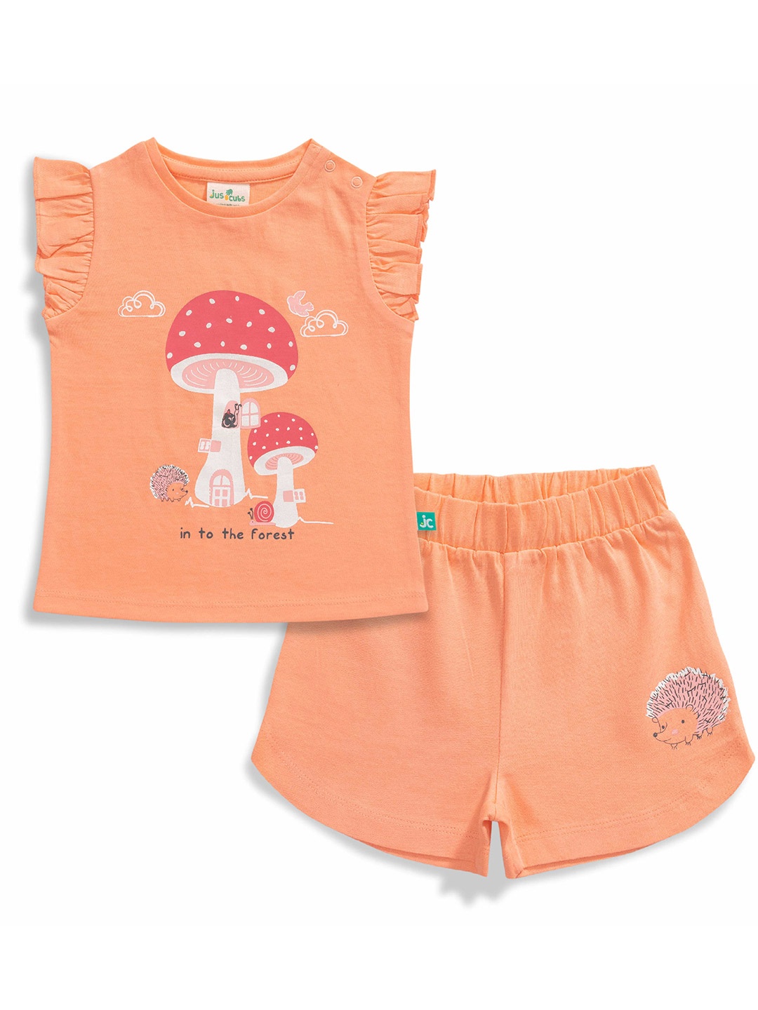 

JusCubs Girls Printed Round Neck Sleeveless Pure Cotton T-shirt with Shorts, Orange