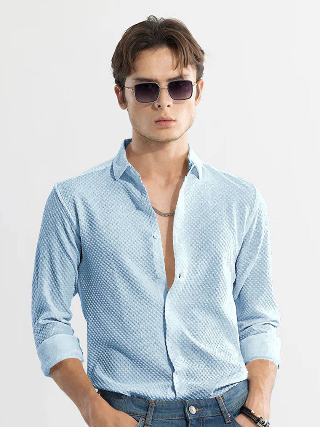 

BAESD Classic Slim Fit Self Design Spread Collar Casual Shirt, Turquoise blue