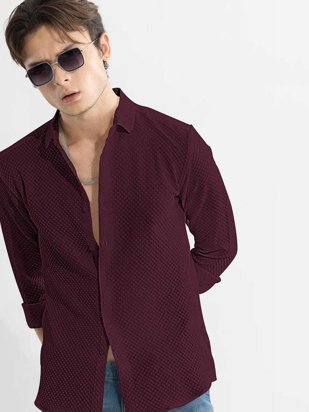

BAESD Classic Slim Fit Self Design Spread Collar Casual Shirt, Maroon
