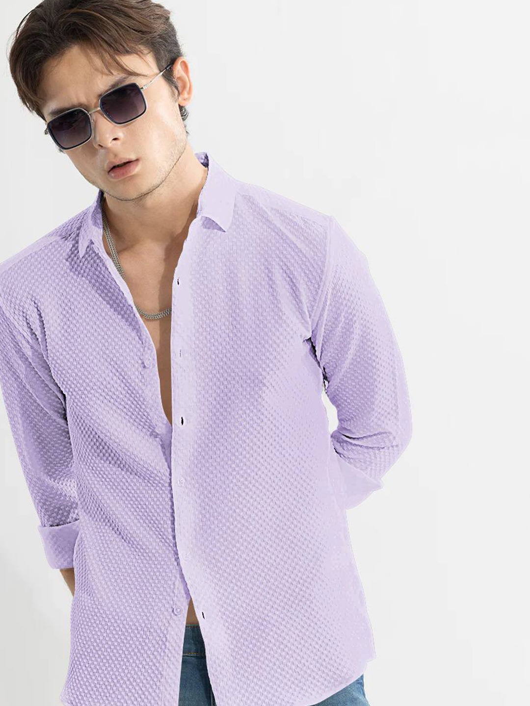 

BAESD Classic Slim Fit Self Design Spread Collar Casual Shirt, Lavender