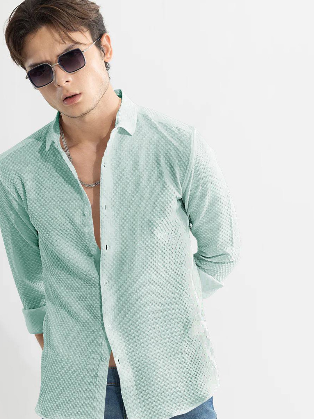 

BAESD Classic Slim Fit Self Design Spread Collar Casual Shirt, Sea green