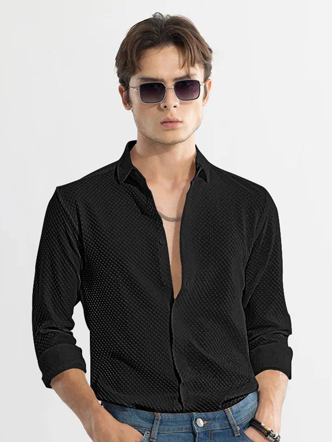 

BAESD Classic Slim Fit Self Design Spread Collar Casual Shirt, Black