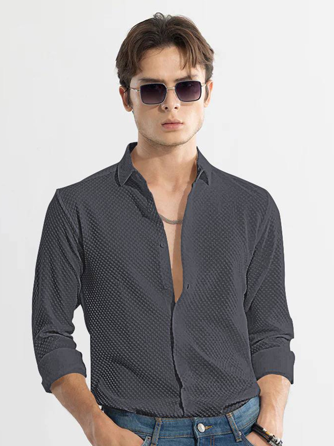 

BAESD Classic Slim Fit Self Design Spread Collar Casual Shirt, Grey
