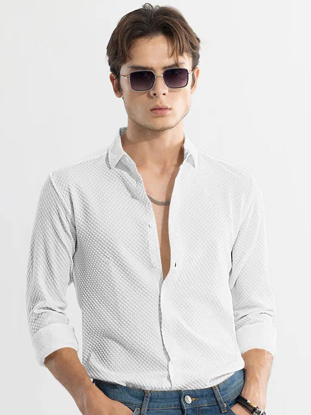 

BAESD Classic Slim Fit Self Design Spread Collar Casual Shirt, White