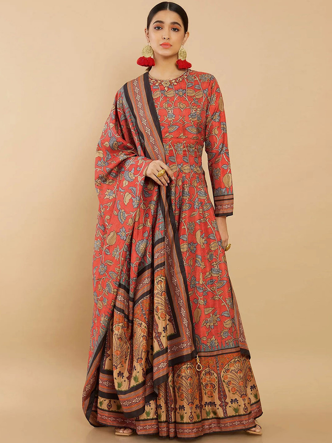 

ODETTE Floral Printed Round Neck Silk Maxi Ethnic Dress With Dupatta, Red