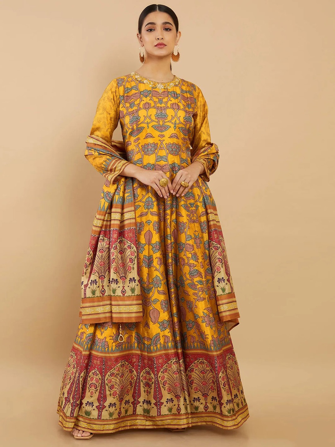 

ODETTE Ethnic Motifs Printed Fit & Flare Maxi Ethnic Dress With Dupatta, Yellow