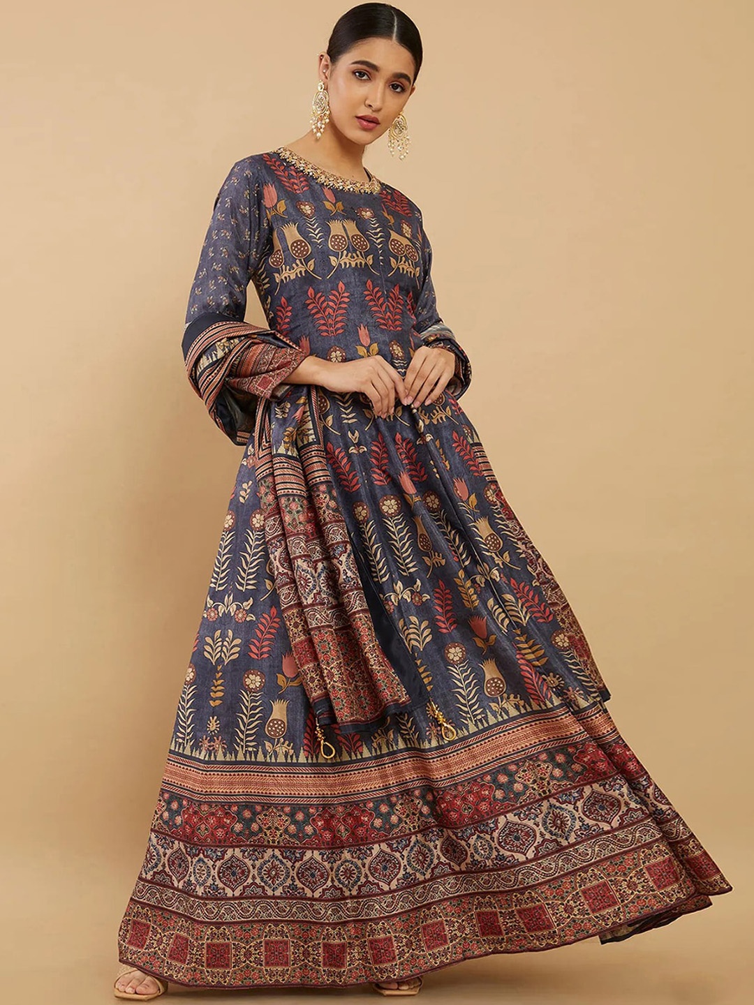 

ODETTE Floral Printed Round Neck Silk Maxi Ethnic Dress With Dupatta, Blue