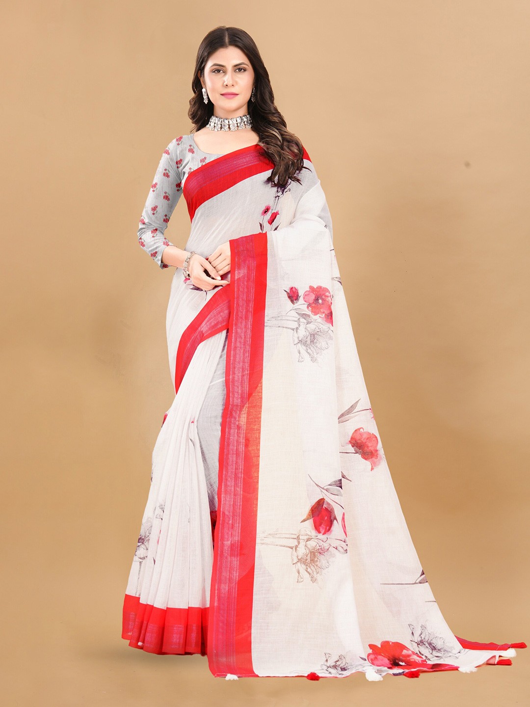 

Anouk Floral Pure Linen Tussar Saree, White