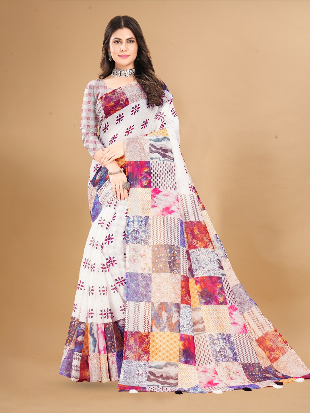 

Anouk White Colourblocked Printed Pure Linen Tussar Saree