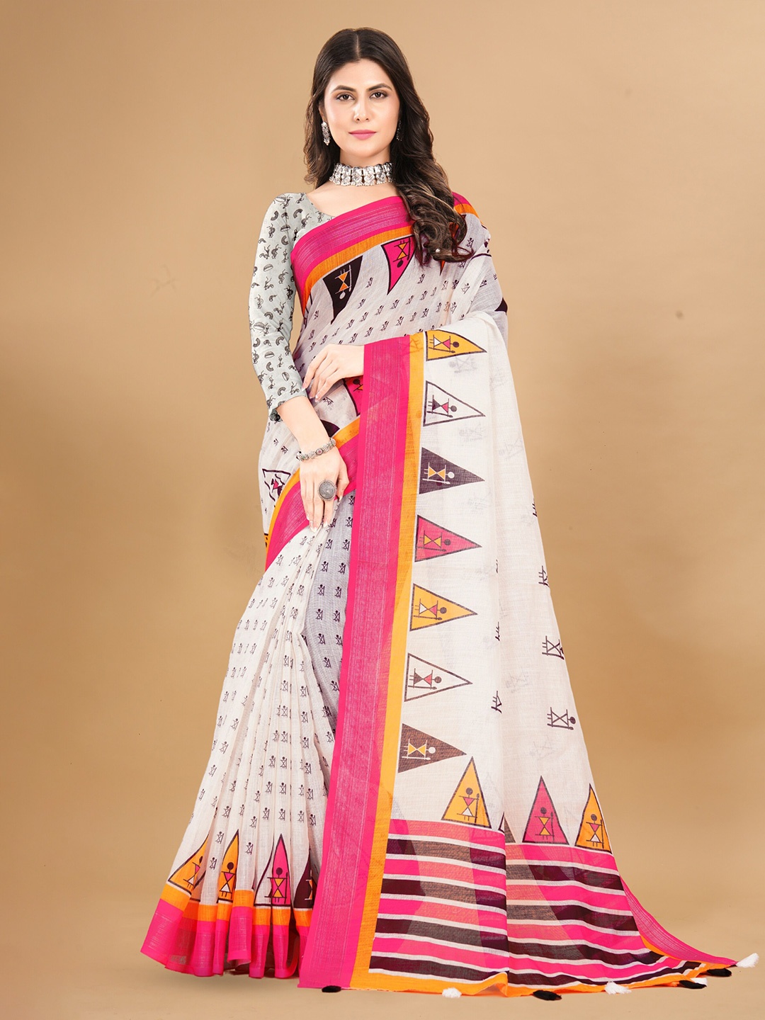 

Anouk Magenta Ethnic Motifs Printed Pure Linen Tussar Saree, Pink