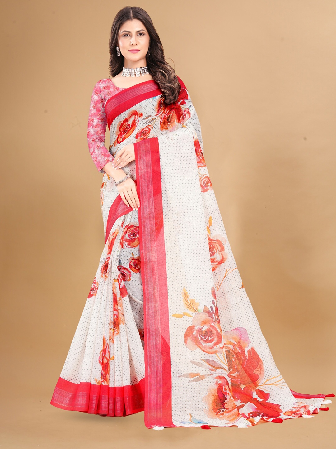 

Anouk Red Floral Printed Pure Linen Tussar Saree, White