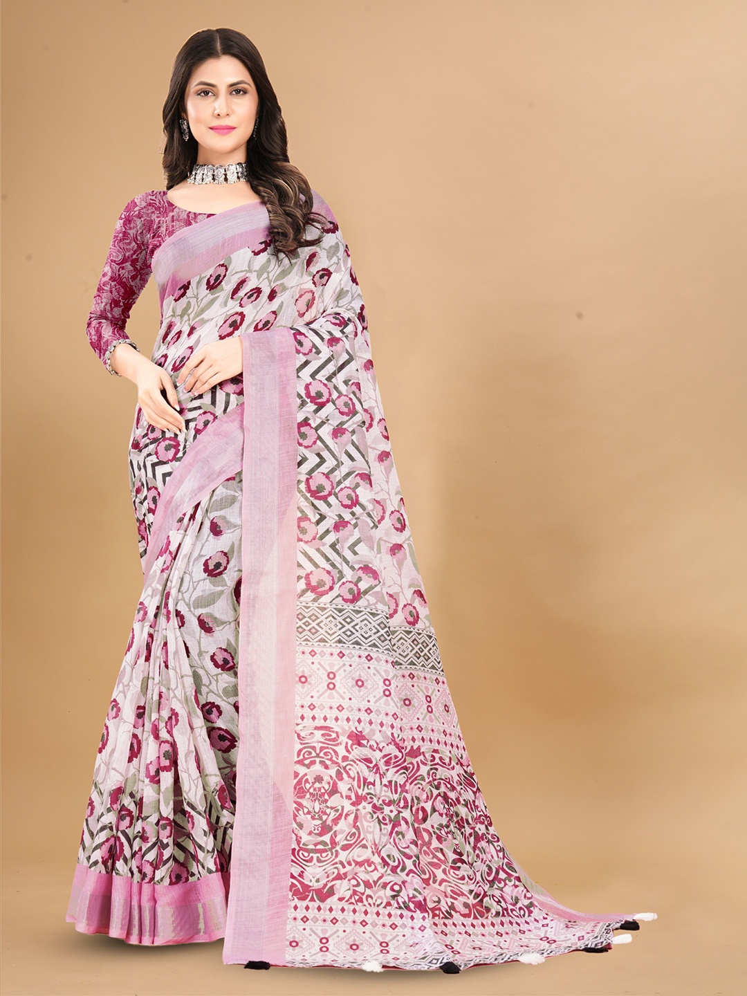 

Anouk Pink Floral Printed Pure Linen Tussar Saree