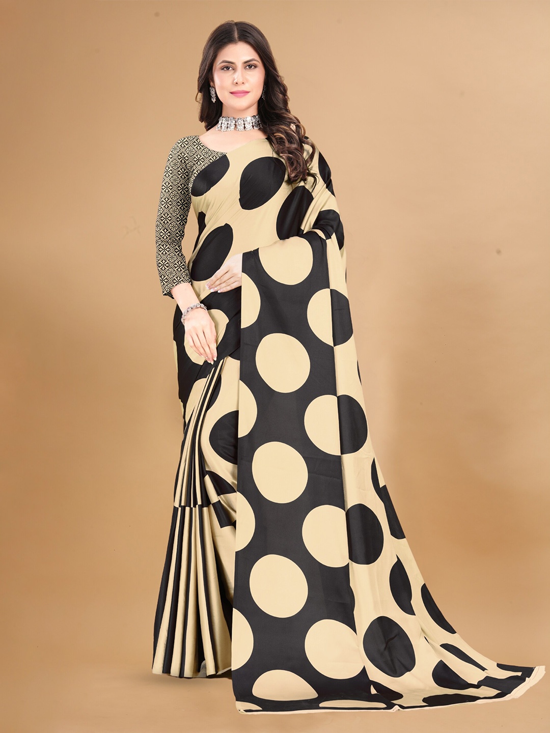 

Anouk Beige Polka Dot Printed Satin Saree