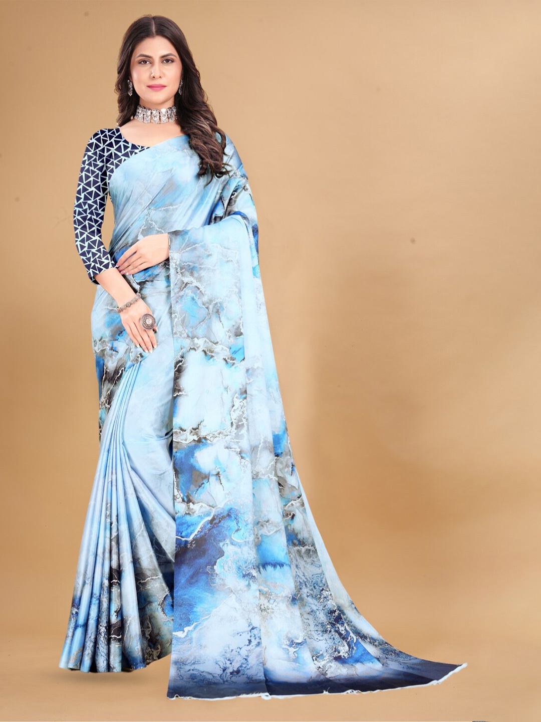 

Anouk Blue Abstract Printed Satin Saree