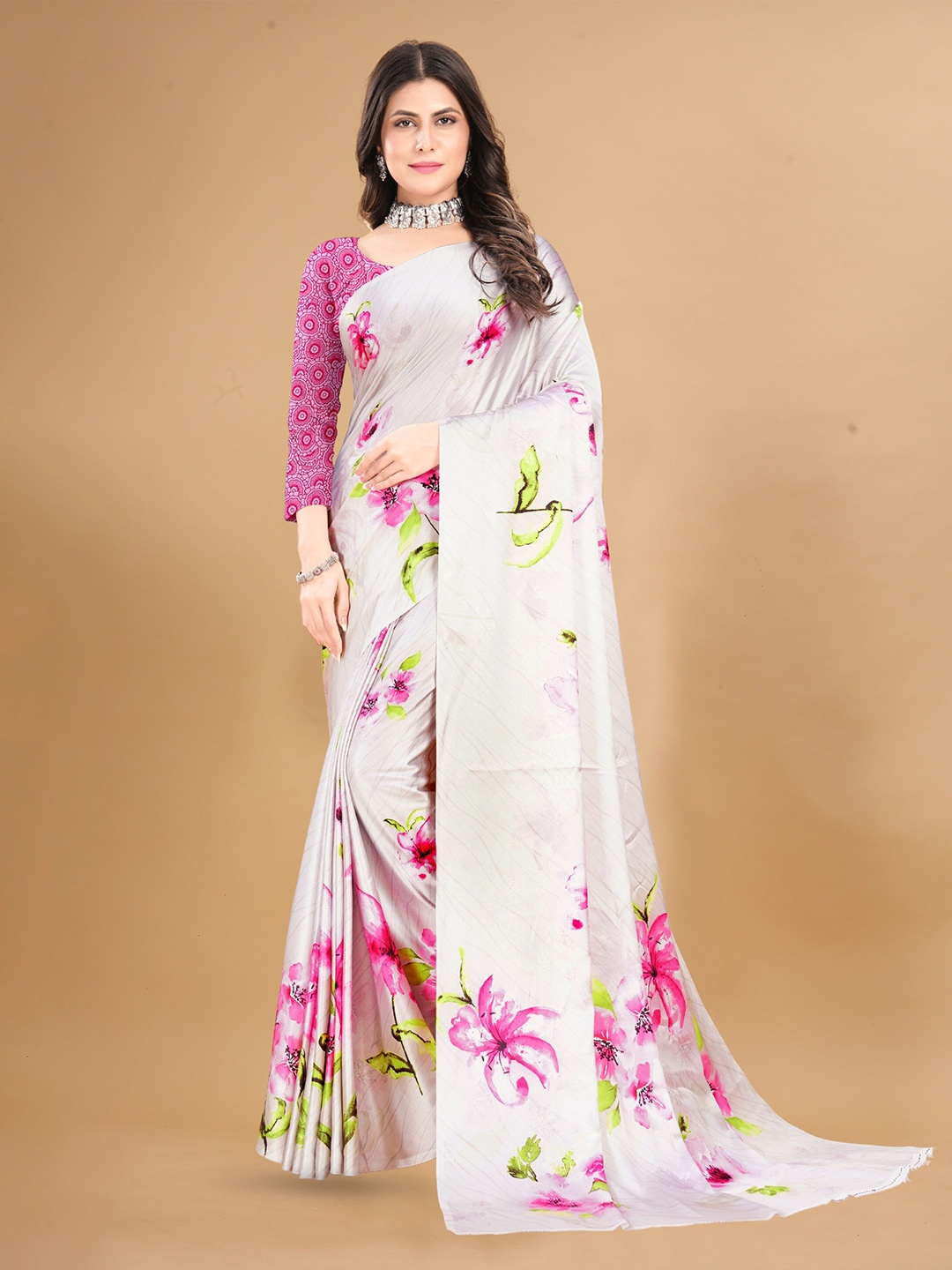 

Anouk Pink Floral Printed Satin Saree