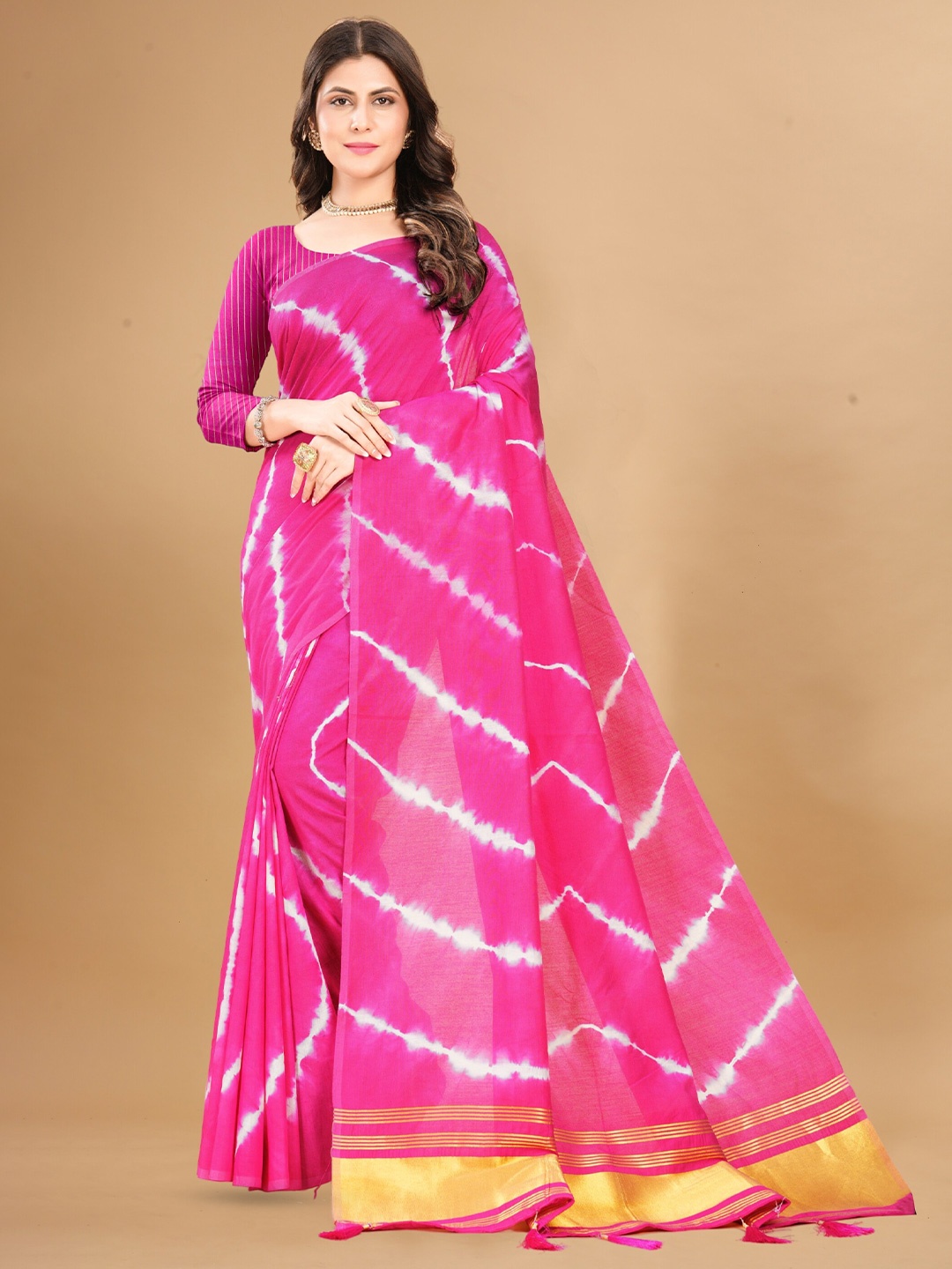 

Anouk Pink Tie & Dye Zari Leheriya Saree