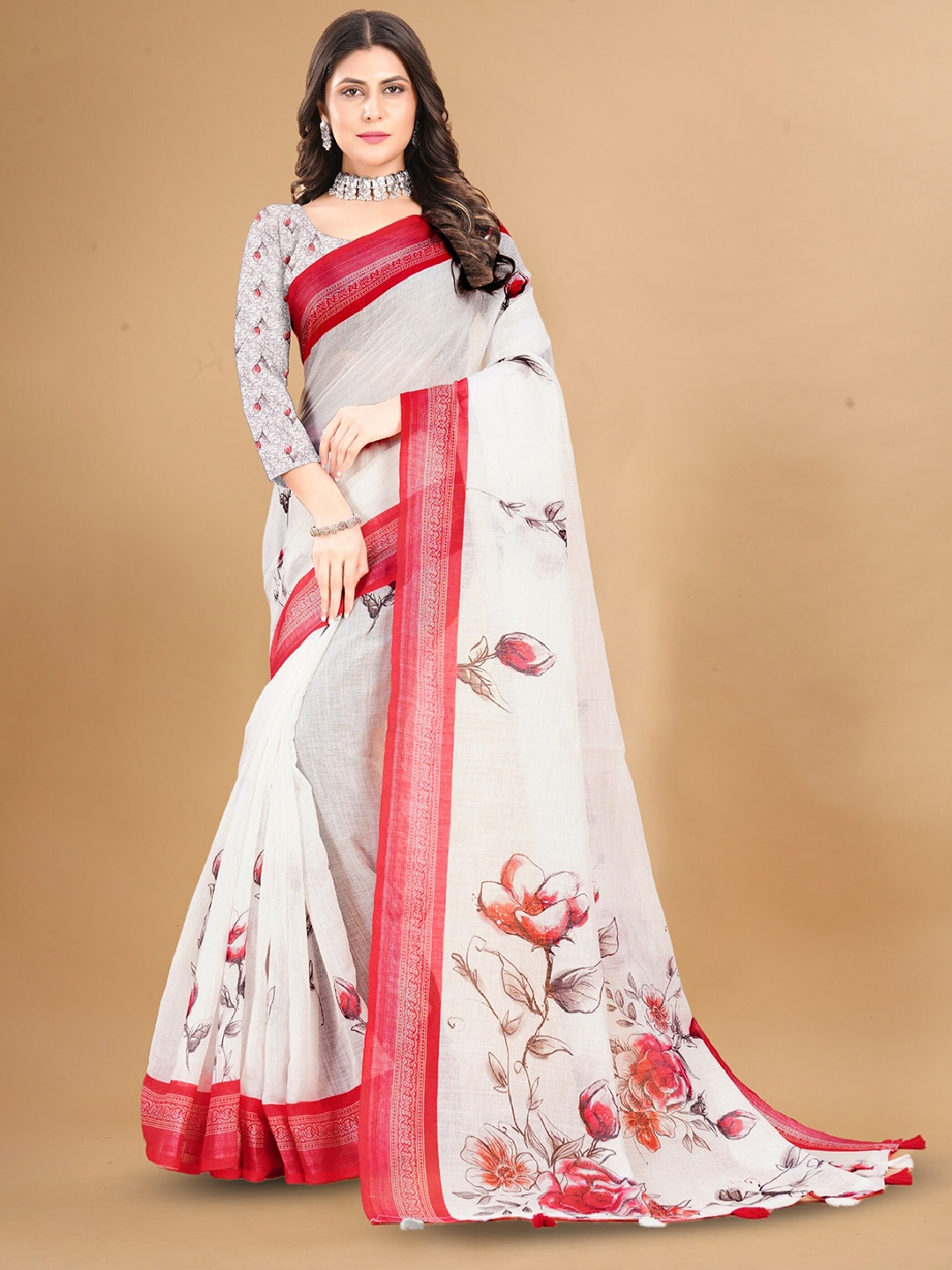 

Anouk White Floral Printed Pure Linen Tussar Saree