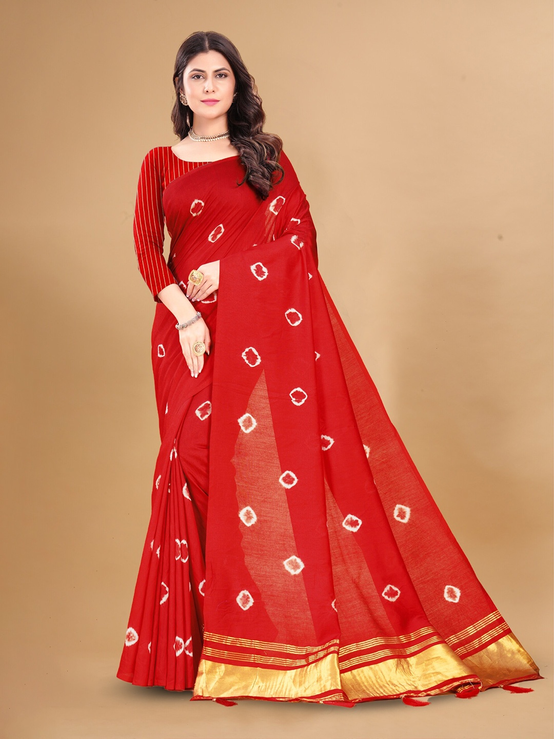 

Anouk Red Tie & Dye Printed Zari Leheriya Saree