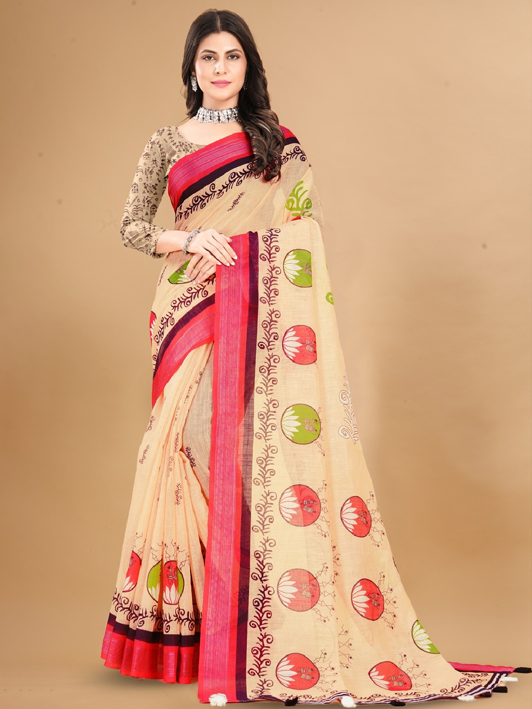 

Anouk Floral Printed Pure Linen Tussar Saree, Beige