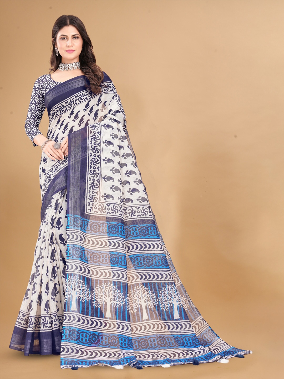 

Anouk Paisley Printed Pure Linen Tussar Saree, White